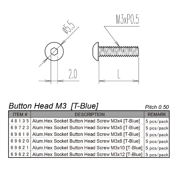 Hiro Seiko Aluminium M3 Hex Button Head Screw (TRF Blue - 5 pcs)