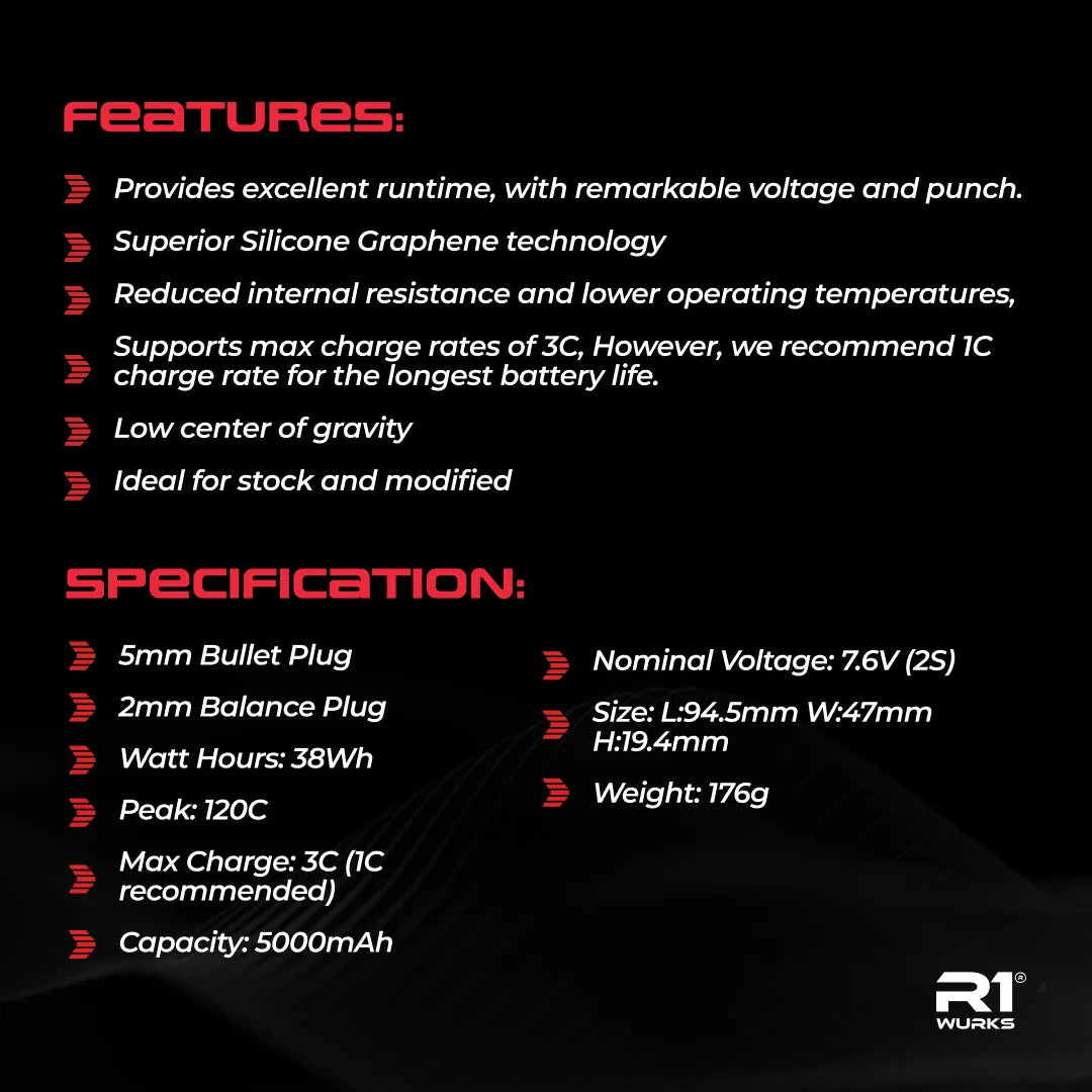 R1 Wurks 030041 5000mah 120C 7.6V 2S LCG Shorty LiPo Battery