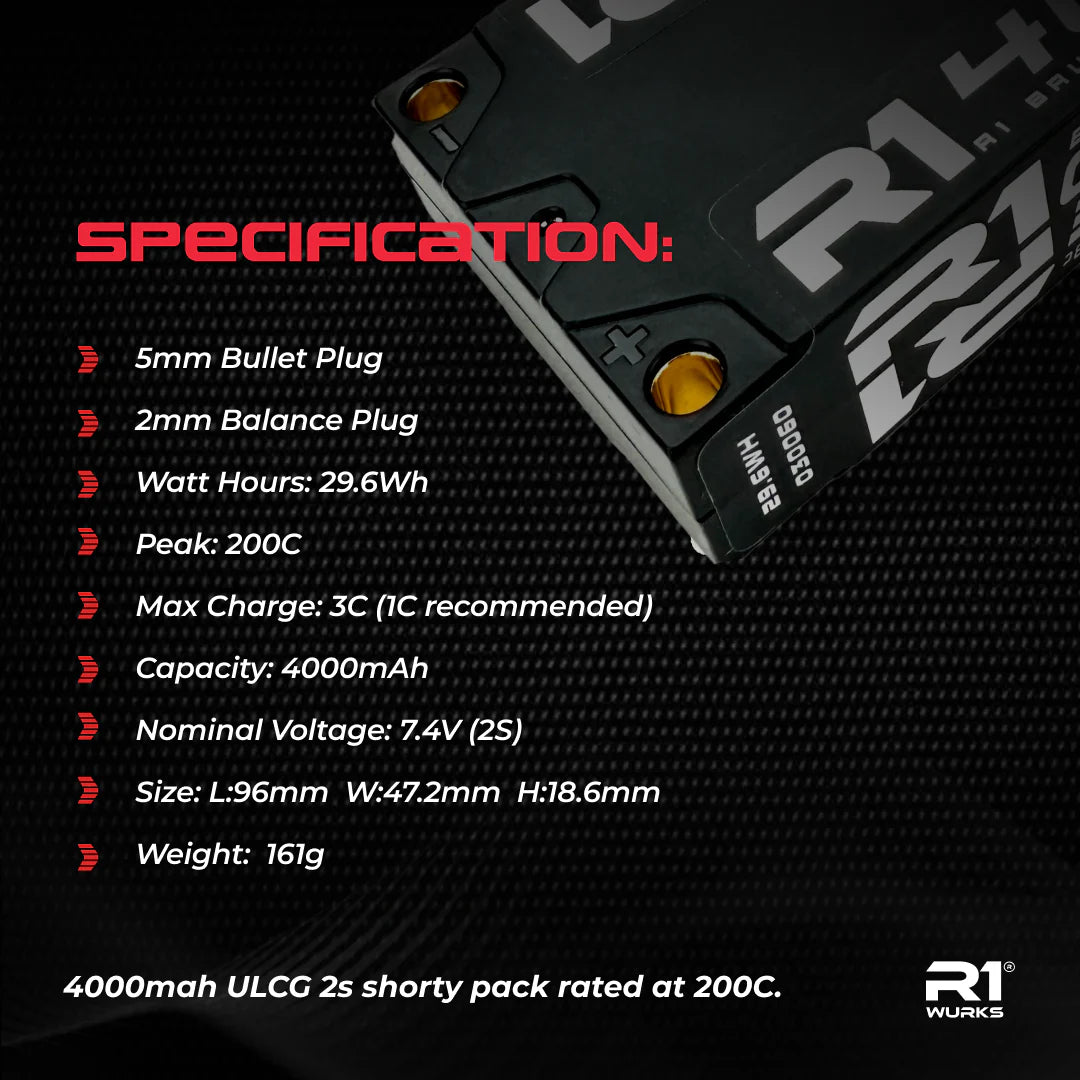 R1 Wurks 030060 4000mah 200C 7.4V 2S ULCG Shorty Lipo