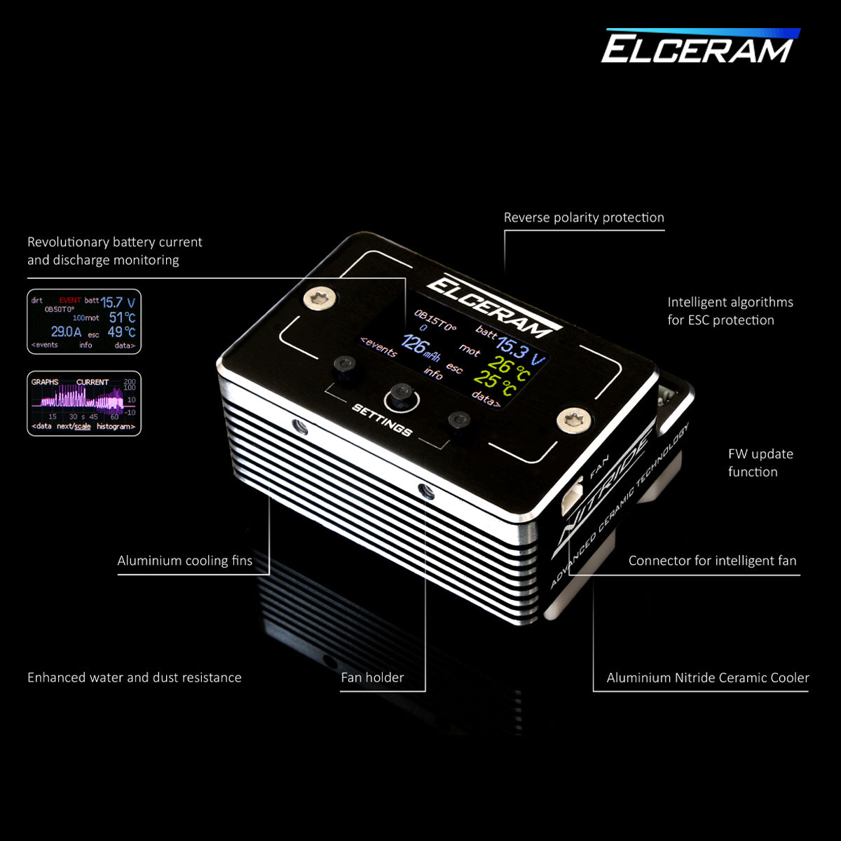 Elceram ELC030 1/8th Nitride 220A Brushless ESC with LCD Display