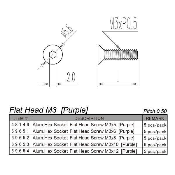 Hiro Seiko Aluminium M3 Hex Flat Head Screw (Purple - 5 pcs)