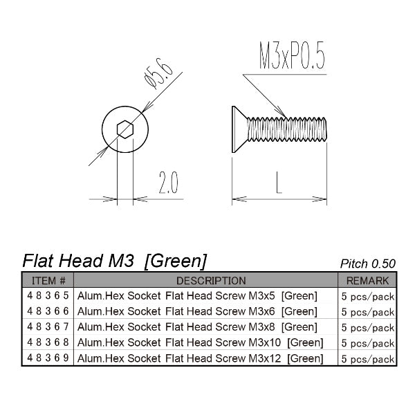 Hiro Seiko Aluminium M3 Hex Flat Head Screw (Green - 5 pcs)