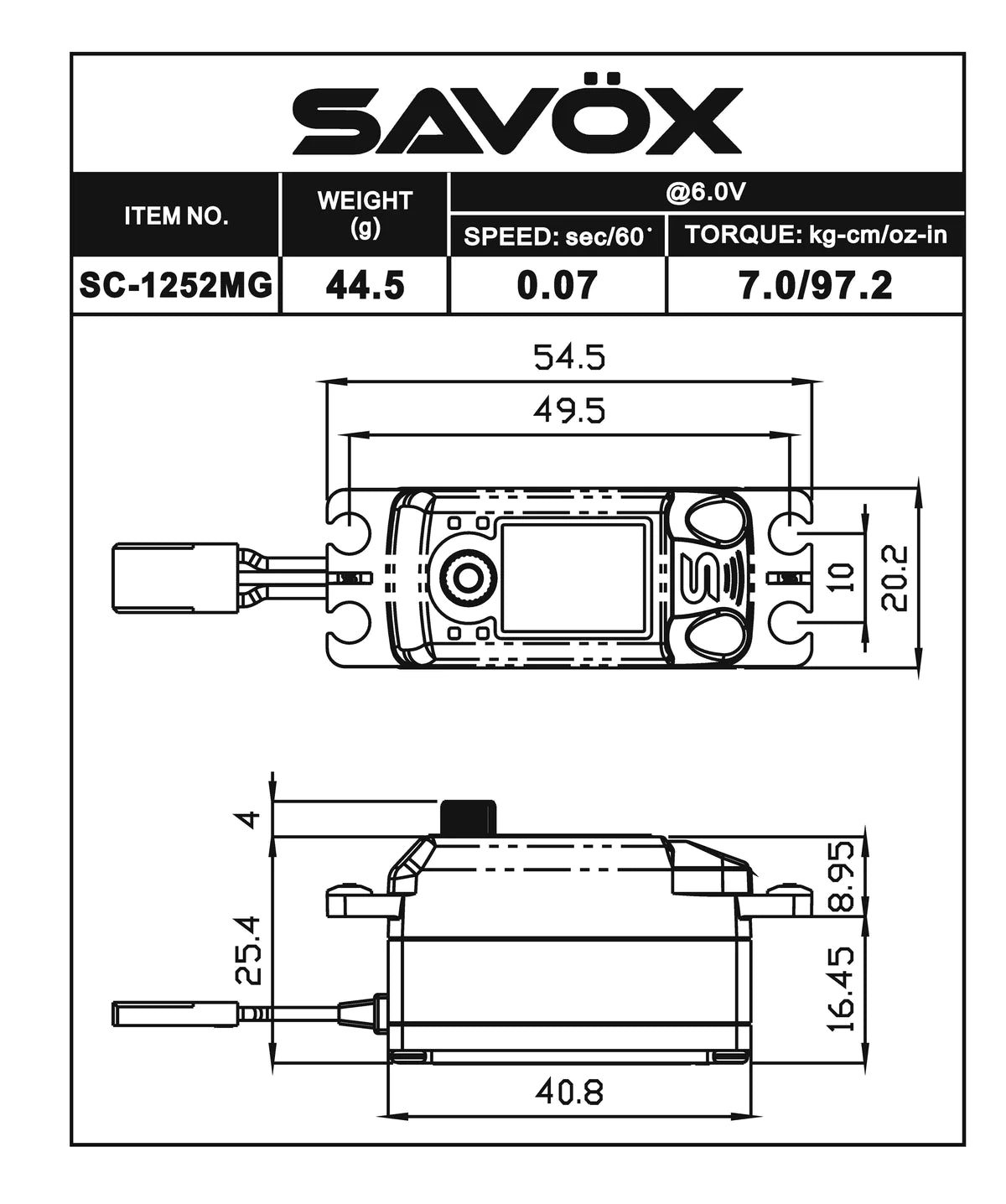 Savox SC1252MG Low Profile Super Speed Metal Gear Servo