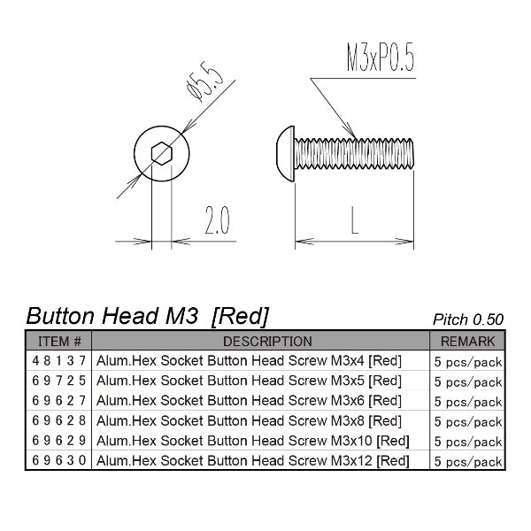 Hiro Seiko Aluminium M3 Hex Button Head Screw (Red - 5 pcs)